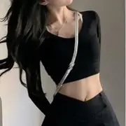 Long-Sleeve V-Neck Plain Crop Tee / Mid Rise Plain Pleated Mini A-Line Skirt T-Shirt - Black - M