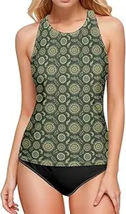 [Joisal] Tankini Tops, Boho Womens Tankini Tops Tummy Control, Bathing Suit with Built in Bra, Small