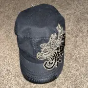 Olive & Pique Strapback Cadet Army Cap Hat Black One Size Rhinestone