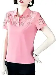 [Generic] Women Summer Turn-Down Collar Short Sleeve Button Polos Solid Color Floral Embroidered Pullovers Cotton Tops