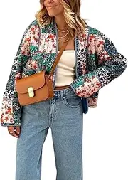 [AICHARMWA] Women's Floral Quilted Jackets Cropped Reversible Open Front Lightweight Short Padded Puffer Coat