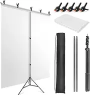 JEBUTU 5X6.5ft White Screen Backdrop with Stand Kit, White Screen with T-Shape Background Support Stand, Portable White Screen Stand Kit with Carrying Bag & 5 Spring Clamps for Video, Streaming