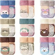 [ANTSANG] Baby Toddler Socks With Grippers Girls Boys Thick Cotton Ankle Crew Non-Slip Socks, Cartoon Animal, 1-3 Years