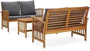 vidaXL Solid Acacia Wood Garden Lounge Set with Cushions 3 Piece Wooden Outdoor Patio Bench Chair Table Seating Seat Sitting Furniture Setting