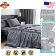 Silky Dark Gray California King Bed Sheet Set - 100% Satin Cooling Comfort