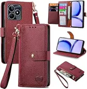 Zipper Wallet Clip Phone Cover Compatible with Oppo Realme C30 C53 Phone Case Simplicity Flip Cover Multi-Card Slot Stand Holder Phone Shell (Red,Realme C53)