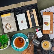 Tea Gift Set - Exotic Explorations Tea Gift Hamper - Luxury Tea Box - Tea Connoisseur's Delight - Love Tea Masala Chai, Cranberry Sauce, Tea Infuser, Orange and Almond Biscotti, Chocolate Chip Cookies and Manuka Honey.