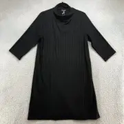 Eileen Fisher Funnel Neck Dress Womens Large Black Ribbed 3/4 Sleeve Knee Length