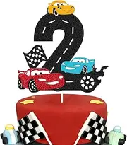Race Car 2nd Cake Topper for Racing Car Checkered Flag Themed Kids Boy Girl 2s Years Old Happy 2 Birthday Party Supplies Double Sided