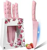 Kitchen Knife Set, Pink Flower 6PC Stainless Steel Sharp Chef Cooking Non-slip Knife Set with Acrylic Knife Block,Non-stick Colorful Coating,Lightweight Professional Knives Set Kitchen Gifts for Women