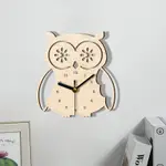 現貨  貓頭鷹掛鐘 木質卡通兒童房臥室裝飾靜音創意牆貼時鐘