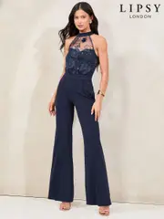 Lipsy Navy Halter Sequin Embellished Lace Top Jumpsuit (AR9489) | $159
