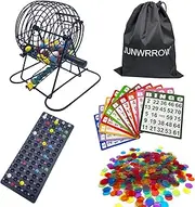 JUNWRROW Deluxe Bingo Set - 1000 Colorful Chips, 100 Mixed Cards, 75 Calling Balls, 8 Inch Rotary Cage, Master Board, Storage Bag - Ideal for Large Groups
