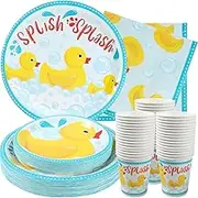 Rubber Duck Birthday (Serves 24) Dinner Plates, Dessert Cups, Napkins. Bubble Bath Baby Shower Decorations for Kids, Boys, Girls and More. (HPS-PS00074)