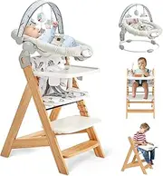 Baby High Chair with Infant Bouncer & Tray, Adjustable Wooden Highchair for Babies/Toddlers/Adults, 5-Point Harness & Soft Cushion Removable Seat & Tray for Easy Clean, Natural