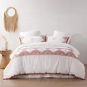Dreamaker Liberty 100% Cotton Quilt Boho Doona Cover Set Coastal Hippie White with Rust Embroidery and Tassels - Colour: Rust (Queen: 1 x Quilt Cover 210 x 210cm; 2X Pillowcases 48 x 7cm +15cm)