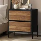 Oikiture Bedside Table 2 Drawers Side End Bedroom Storage Nightstand Walnut