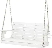 VINGLI Heavy Duty 1600 LBS HDPE Porch Swing Outdoor with Rotatable Cup Holder, 4 FT Patio Bench Swing with Adjustable Chains, 2 Person Hanging Porch Swing Chair for Porch, Yard, Tree, Garden - White