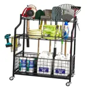 Steel Garden Tool Organizer, 3-Tier Storage Rack with Wheels, Black - Large