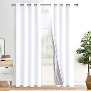 XWZO 100% Blackout Curtains for Bedroom/Living Room - Privacy Protection & Noise Blocking Window Drapes Grommet Top with Black Liner with Tiebacks, White, W132cm x D213cm, Set of 2