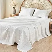 JELLYMONI 4-Piece Plaid Cotton Sheet Set | Ultra-Soft, Brushed Bedding Sheets & Pillowcases | Wrinkle Free, Comfortable, All-Season Bed Sheets(White,Queen)