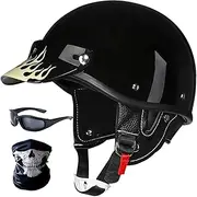 Vintage Open Face Helmet Motorbike Half Helmet with Goggles Half Shell Helmet with Removable Liner for Adult Men and Women Motorcycle Cruiser Scooter Helmet DOT/ECE Approved