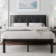 Feonase Full Size Metal Bed Frame with Faux Leather Button Tufted Headboard, Platform Bed Frame with Heavy Duty Metal Slats, 12" Storage Space, Noise Free, No Box Spring Needed, Black