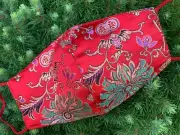 Artistic Red Silk Face Mask, 100%, Wedding Bridal Mask, Reusable, Washable, USA