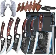 XYJ Full Tang Camping Knives Set Chinese Butcher Knife Vegetable Chef Knives Slice Boning Knives with Leather Knife Sleeves&Roll Bag&Kitchen Tools