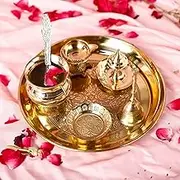 BulkySanta Brass Pooja Thali Set with Handcrafted Etching Design | Size - 7 inches (Set of 7 Pooja Items) (Without Gift Box)