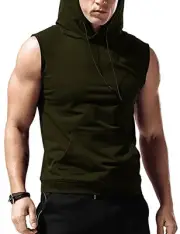 Men's Workout Hooded Tank Tops Sleeveless Gym Hoodies Large Army Green