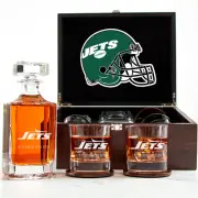 New York Jets - Engraved Football Whiskey Decanter 2 Glasses In Wood Box