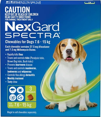 Spectra Chewables for Dogs 7.6-15kg Flea Tick Worm Protection 3 Pack