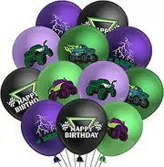 Haooryx 50Pcs Green And Purple Monster Truck Balloon Kit Monster Truck Lightning Print Latex Balloons for Boys Girls Baby Shower Decor Birthday Monster Truck Theme Party Decoration Photo Prop