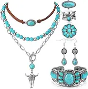 [Ecally] 6 Pcs Bohemian Western Jewelry for Women Turquoise Set Bohemian Pendant Long Choker Faux Leather Layered Bracelets Vintage Turquoise Dangle Earrings Gemstone Ring Boho Turquoise Jewelry Set