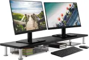 Dual Monitor Stand - 42" Wood Platform for 2 Screens, Desktop Organizer (Black)