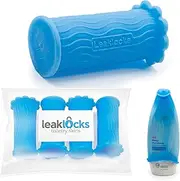 [Rinseroo] LeakLocks® Toiletry Skins™ Elastic Sleeve for Leak Proofing Travel Container in Luggage. For Standard and Travel Sized Toiletries. Reusable Accessory for Travel Bag Suitcase and Carry-on Luggage, Blue, Small, 4 Pack - Electric Blue