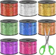 Swpeet 9Pcs 1/5" Wide x 100 Yards Metallic Crimped Curling Ribbon with Scissors Kit, 8 Colors, Laser, Christmas