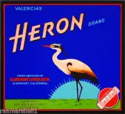 Claremont Los Angeles Heron Bird #2 Orange Citrus Fruit Crate Label Art Print
