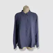 $278 Eileen Fisher Women Blue Classic Collar Easy Silk Button-Up Shirt Top Sz S
