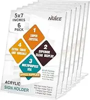 NIUBEE 6Pack Slant Back Acrylic Sign Holder 5x7 inches, Clear Vertical Picture Frames Frames, Desktop Flyer Holder Document Holder Paper Display Stand