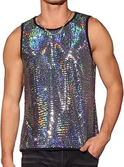 [Lars Amadeus] Sequin Tank Top for Men's Metallic Sparkle Glitter Sleeveless Tank Shirts