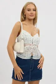 White Floral Cami Top Button Front - Size 8XS, Women's Cami