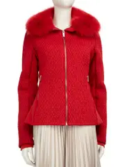 Red Ski Patterned Fox Fur Hood Jacket