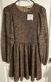 NWT Sz S Smocked Leopard High Neck Mini Dress Balloon Sleeve Women’s AE