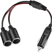STR-1 to 2 Car Cigarette Lighter Splitter Adapter Power Charger Port, 12V/ 24V Plug Socket 2-Way Splitter Y Adapter, 10 inch 16AWG Cigarette Lighter Extension Cord with 15A Fuse