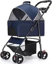 Pet Stroller with Detachable Large Cabin Bag,4 Wheels pet pram cart for Dogs and Cats,Foldable pet Trolley,Shock Absorber Swivel Front Wheel,Rear Wheel with Foot Brakes,Front and Back openable Canopy