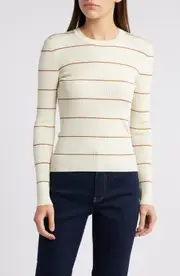 FRAME Stripe Rib Long Sleeve Top in Camel Multi at Nordstrom, Size Small
