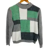 Alfred Dunner Patchwork Sweater Petite Large Acrylic Chenille Green Gray