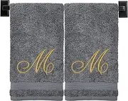 [Custom Luxury Towels] Turkish Hand Towels, Set of 2, Grey - Gold Thread, 100% Cotton, Embroidered Monogram